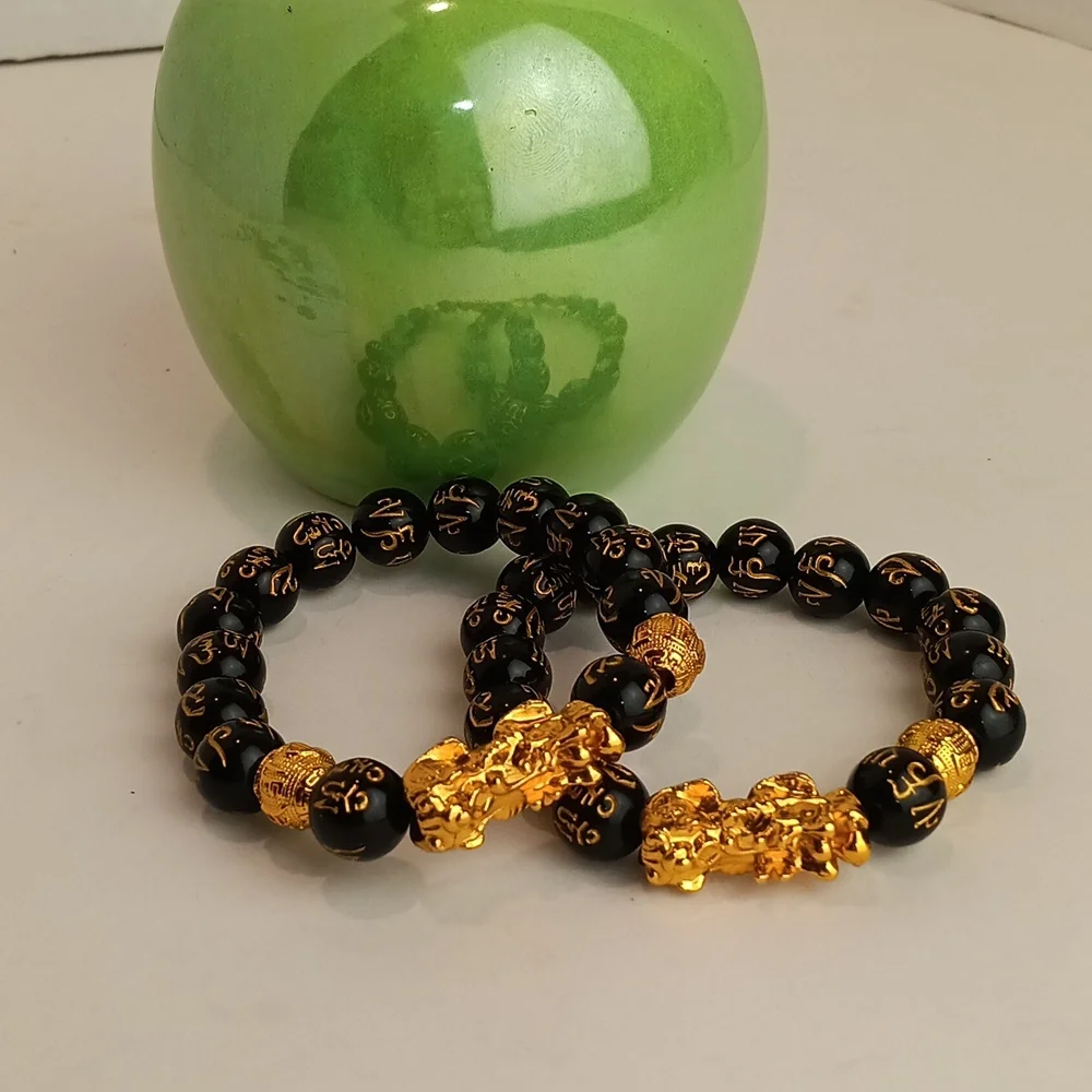Feng Shui Pixiu Good Luck Chinese Dragon Unisex Obsidia Gold & Black Beads Set